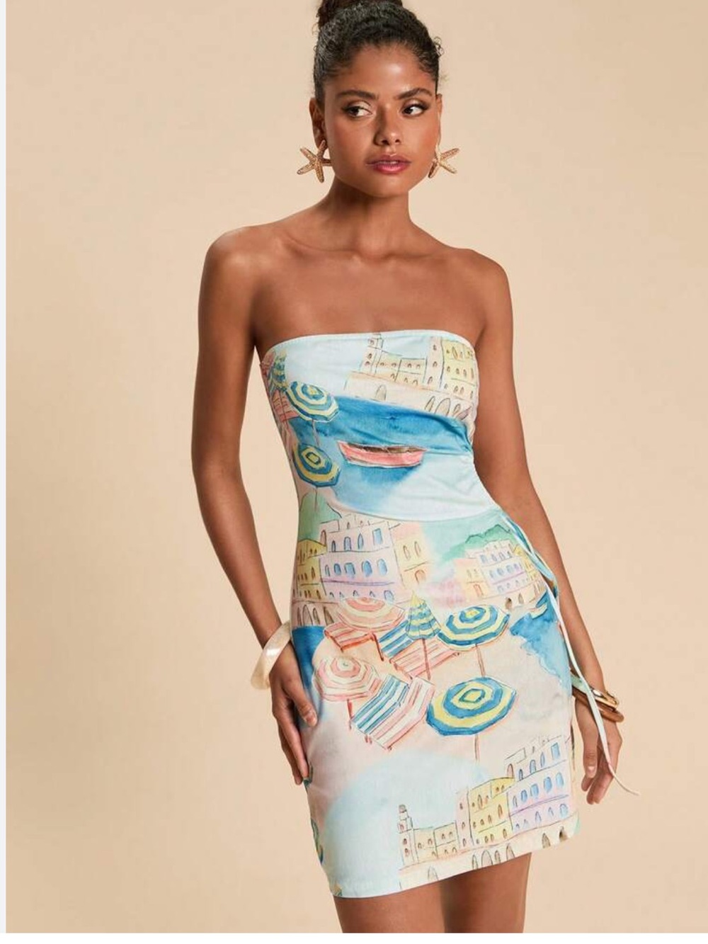 SHEIN Pastel Blue Strapless Seaside Print Mini Dress